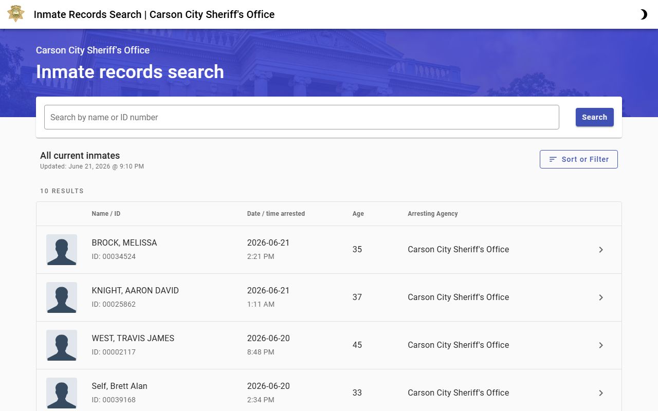 Carson City County inmate search roster interface