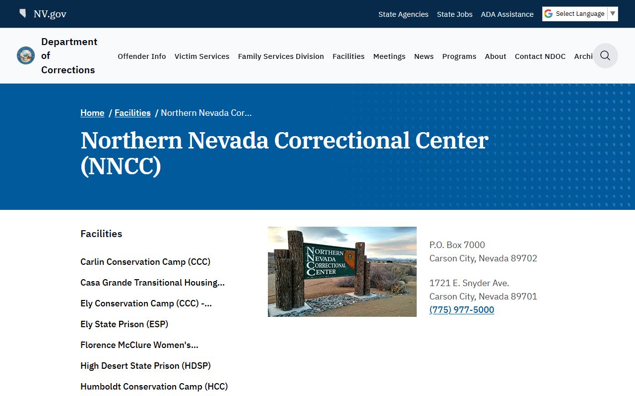 Northern Nevada Correctional Center NDOC facility page and inmate search context