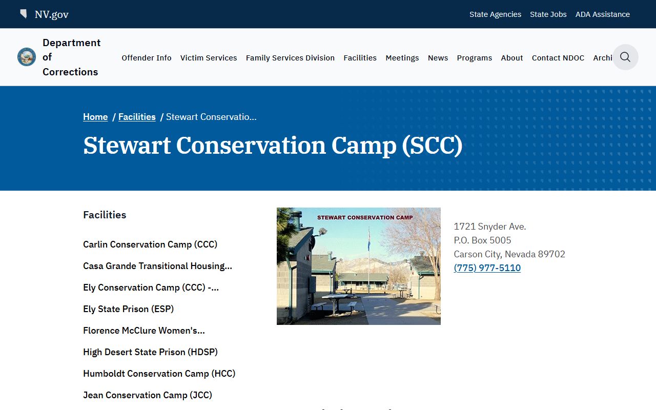 Stewart Conservation Camp NDOC facility page and custody search context